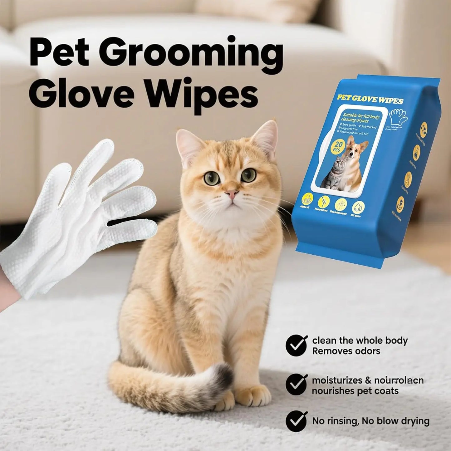 20pcs Pet Grooming Glove Wipes, Pet Deodorant Bath Gloves, No-Rinse, Remove Odor, Thickened Wipes for Pet Daily Care, Traveling